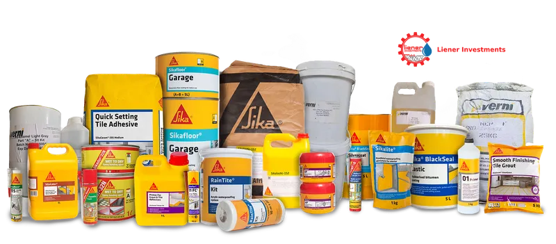 Assortment of construction products, manufactured by Sika and Verni.